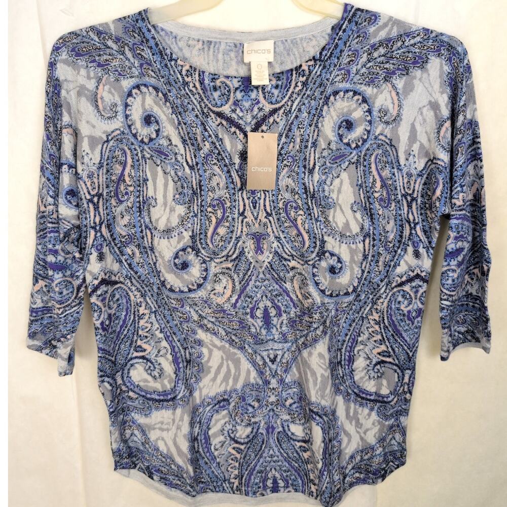 New Chicos blue paisley top Size 0/Sm Boho Hippie Retro Casual Cotton Cottage
